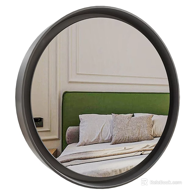 Round Black Frame Mirror Reflecting Green Headboard Bed With Pillows And Light Paneled Wall 3d model 