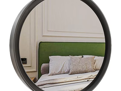Round Black Frame Mirror Reflecting Green Headboard Bed With Pillows And Light Paneled Wall 3d model
