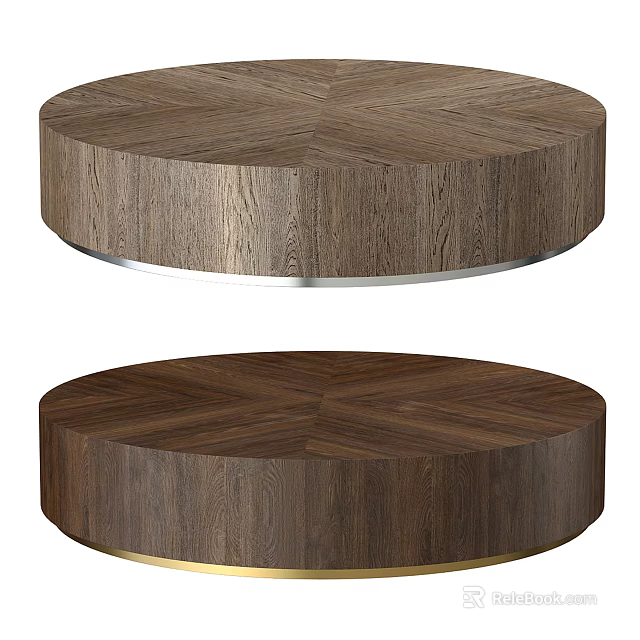 Round Wooden Coffee Tables With Wood Grain Pattern And Silver Gold Metal Bases 3d model 