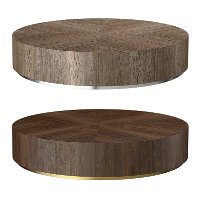Round Wooden Coffee Tables With Wood Grain Pattern And Silver Gold Metal Bases 3d model