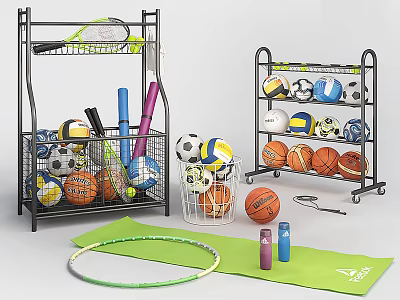 Sports Equipment Storage Racks With Balls Rackets Yoga Mat Hula Hoop And Water Bottles 3d model