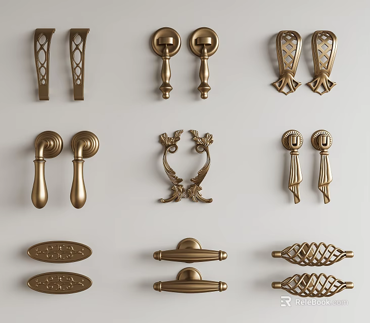 Different Styles of Decorative Metal Door Handles Featuring Ornate and Classic Designs 3d model 