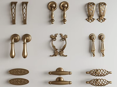 Different Styles of Decorative Metal Door Handles Featuring Ornate and Classic Designs 3d model