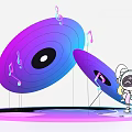 Cartoon Character Standing On Gradient Platform With Open Vinyl Records And Musical Notes