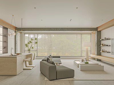 Modern Living Room Interior With Grey Sofa White Coffee Table Green Plant And Wooden Blinds 3d model