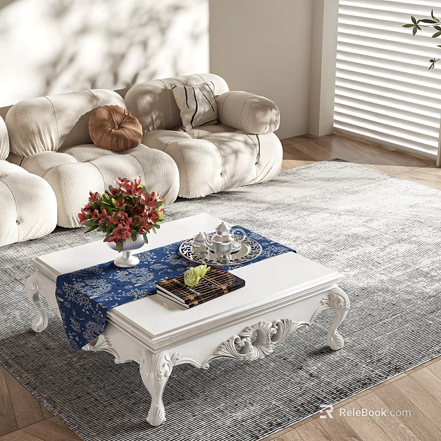 Classic White Coffee Table With Blue Runner Red Flowers Tea Set And Book 3d model 