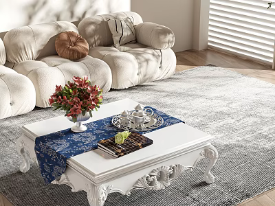 Classic White Coffee Table With Blue Runner Red Flowers Tea Set And Book 3d model