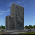 Tall Modern Office Building With Glass Facade Landscaped Surroundings And Parking Under Blue Sky