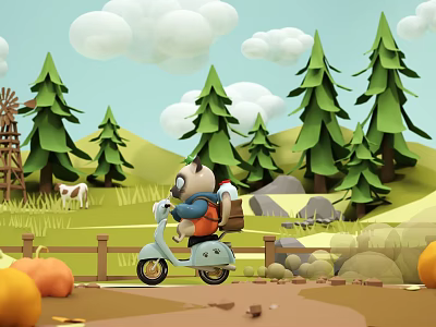 Cartoon Scene of Bear Riding Scooter Through Forest with Windmill and Pumpkins 3d model