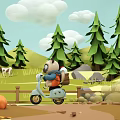 Cartoon Scene of Bear Riding Scooter Through Forest with Windmill and Pumpkins