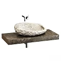 Natural Stone Wash Basin on Rustic Wooden Countertop with Metal Faucet