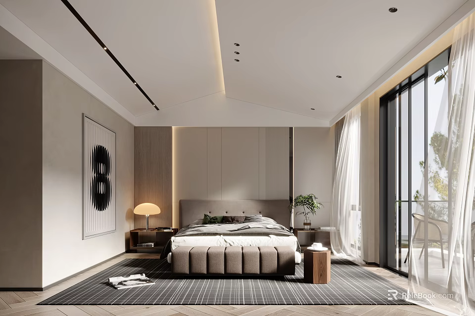 Modern Bedroom Interior Design With Bed Bedside Table Lamp Rug And Floor to Ceiling Windows 3d model 