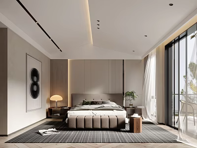 Modern Bedroom Interior Design With Bed Bedside Table Lamp Rug And Floor to Ceiling Windows 3d model