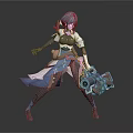 Anime Style Female Game Character With Blue Hair White Blue Outfit Mechanical Gun Combat Stance