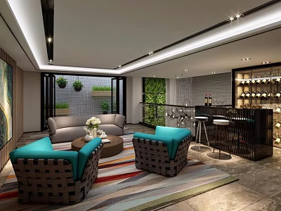 Modern Lounge Interior Design With Comfortable Sofa Armchairs Colorful Rug And Potted Plants 3d model