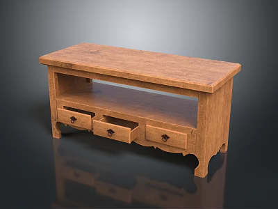 Wooden TV Stand With Brown Finish And Three Drawers For Living Room 3d model