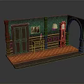 Vintage Interior Scene With Green Walls Wooden Door Red Patterned Carpet Grandfather Clock Table Lamp