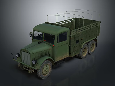 Vintage Green Six Wheel Utility Vehicle with Open Cargo Bed and Metal Rails 3d model
