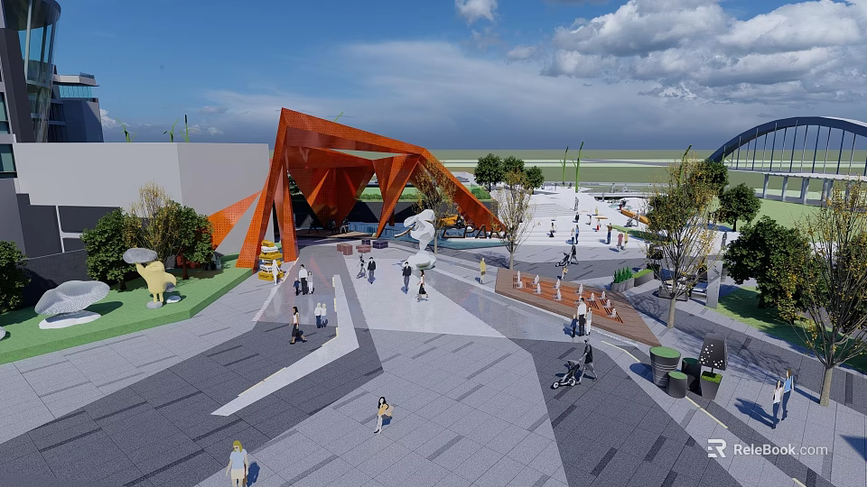Contemporary Commercial Landscape Featuring Open Plaza Pedestrians Greenery And Modern Architecture 3d model 