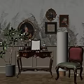 Vintage Ornate Dressing Table With Cosmetic Bottles Decorative Paintings Green Plant And Leaf Patterned Wallpaper
