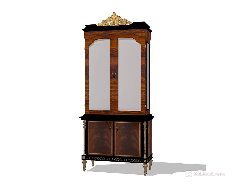 Classic Wooden Wine Cabinet With Glass Doors And Golden Carved Top Decor 3d model 