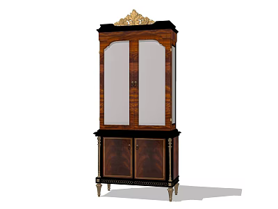 Classic Wooden Wine Cabinet With Glass Doors And Golden Carved Top Decor 3d model