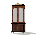 Classic Wooden Wine Cabinet With Glass Doors And Golden Carved Top Decor