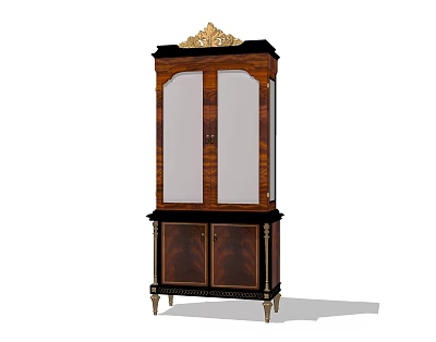 Classic Wooden Wine Cabinet With Glass Doors And Golden Carved Top Decor 3d model