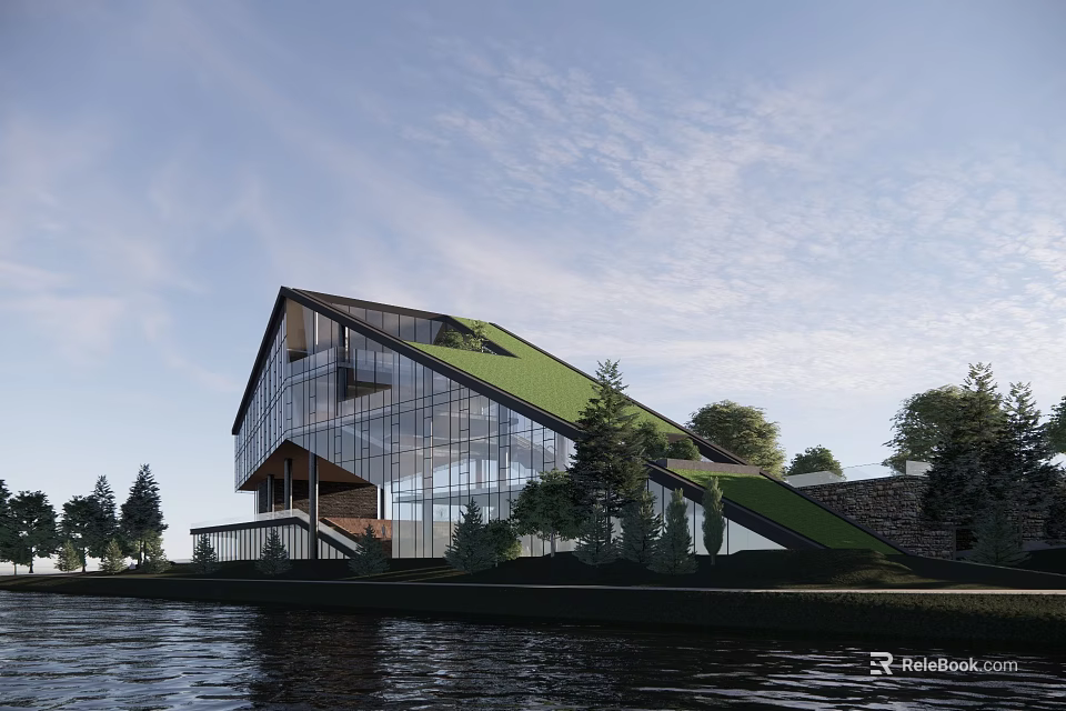 Modern Waterfront Building With Glass Facade Green Roof And Trees Around 3d model 