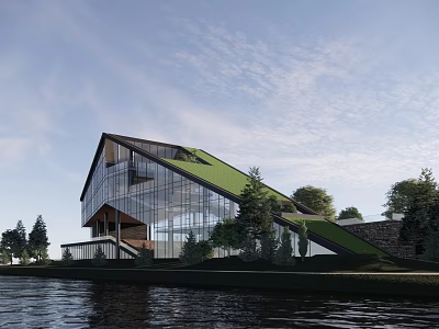 Modern Waterfront Building With Glass Facade Green Roof And Trees Around 3d model
