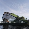 Modern Waterfront Building With Glass Facade Green Roof And Trees Around