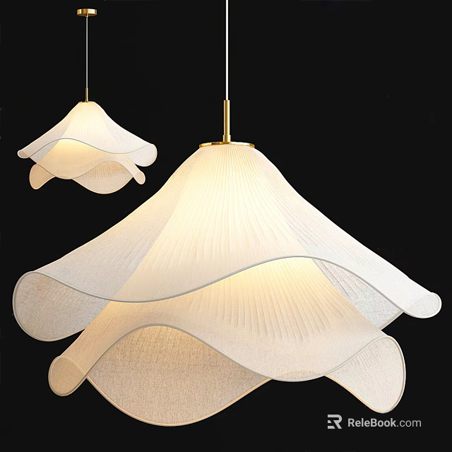 Two Illuminated White Pendant Lights With Pleated Wavy Lampshades And Golden Rods On Black Background 3d model 