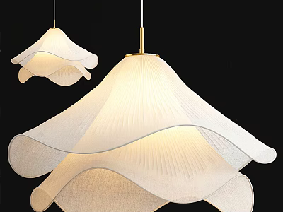 Two Illuminated White Pendant Lights With Pleated Wavy Lampshades And Golden Rods On Black Background 3d model