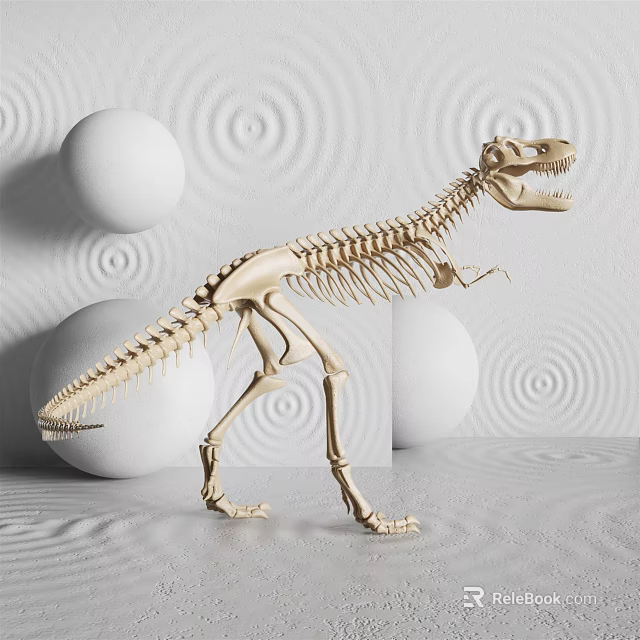 Natural History Museum Public Facility Featuring Dinosaur Skeleton Display With Spiral Background And White Spheres 3d model 