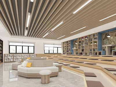 Book Art Library Interior Design With Wooden Ceiling Strip Lights Bookshelves And Seating Area 3d model