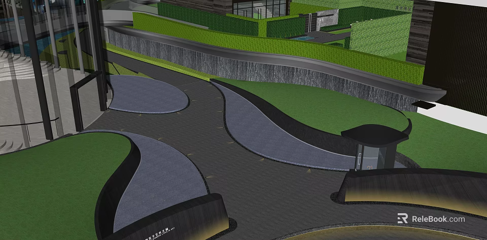 Modern Garden Landscape Design With Curved Paths Green Lawns And Paved Walkways 3d model 