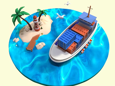 Container Ship Sailing Near Tropical Island With Palm Trees Lighthouse And Seagulls 3d model