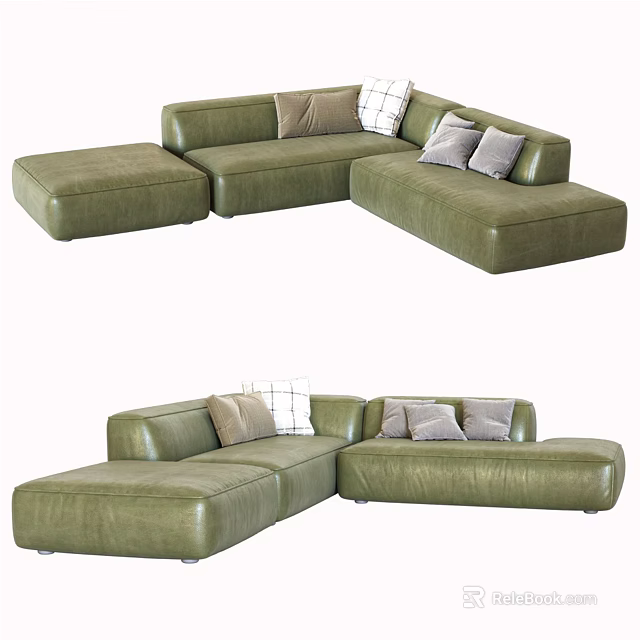 Green Sectional Multi person Sofa With Gray And White Accent Cushions 3d model