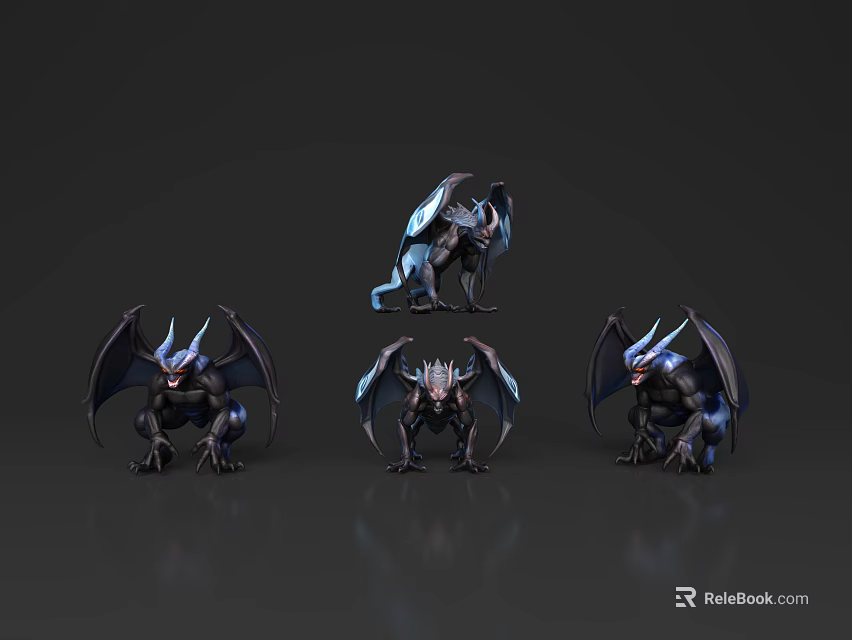 Mythical Flying Creature 3D Models with Horns and Blue Wings from Different Angles 3d model 