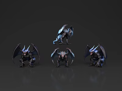 Mythical Flying Creature 3D Models with Horns and Blue Wings from Different Angles 3d model