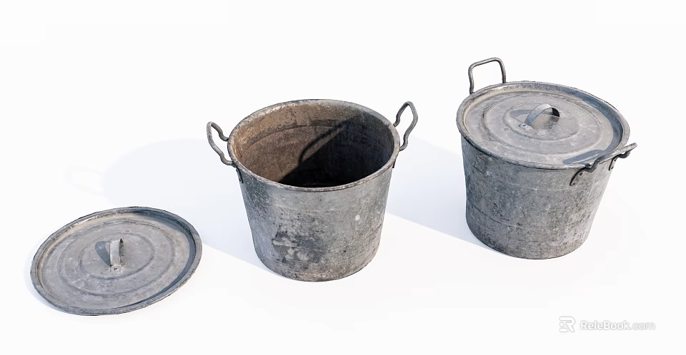 Rustic Industrial Equipment Vintage Metal Buckets with Lids and Worn Surface 3d model 