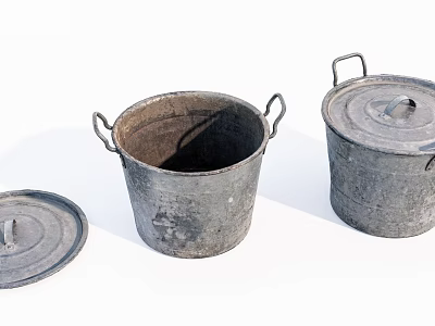 Rustic Industrial Equipment Vintage Metal Buckets with Lids and Worn Surface 3d model