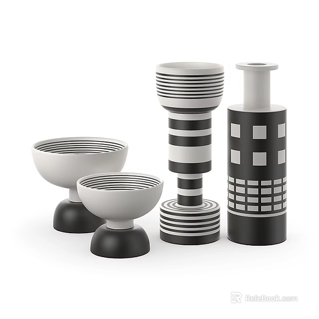 Modern Ceramic Vessels With Striped And Square Patterns In Black And White 3d model