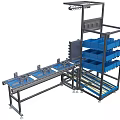 Modern Industrial Equipment Featuring Conveyor Belt Blue Storage Bins Multi Layer Shelves And Control Panel