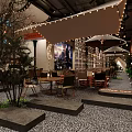 Cozy Natural Restaurant Interior With Wooden Tables Chairs Hanging Light Strings And Green Plants
