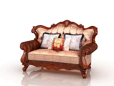 Classic Style Two Seater Sofa With Ornate Wooden Frame Beige Upholstery And Decorative Pillows 3d model