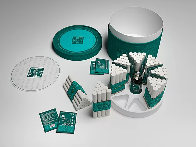 Elegant Teal And White Perfume Cosmetics Packaging With Stacked Bottles Circular Boxes And Cards 3d model