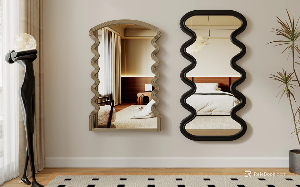 Modern Wavy Design Mirrors Mounted On Wall With Bedroom Interior Reflection 3d model