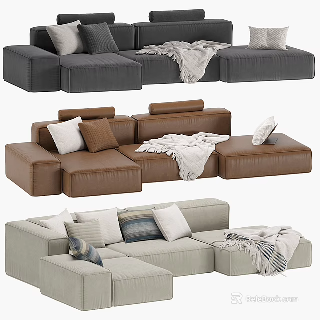 Modern Sectional Sofa In Various Colors With Decorative Pillows And Soft Throws 3d model