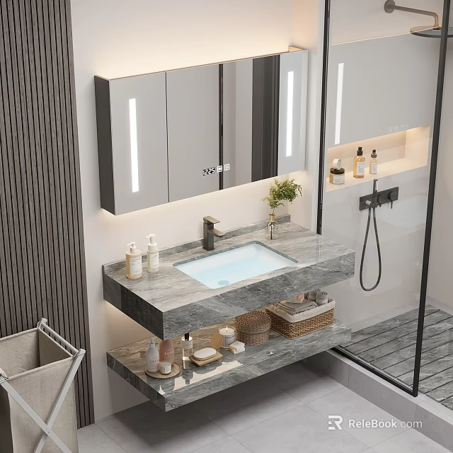 Modern Bathroom Cabinet with Marble Countertop LED Mirror and Toiletries Shelves 3d model 
